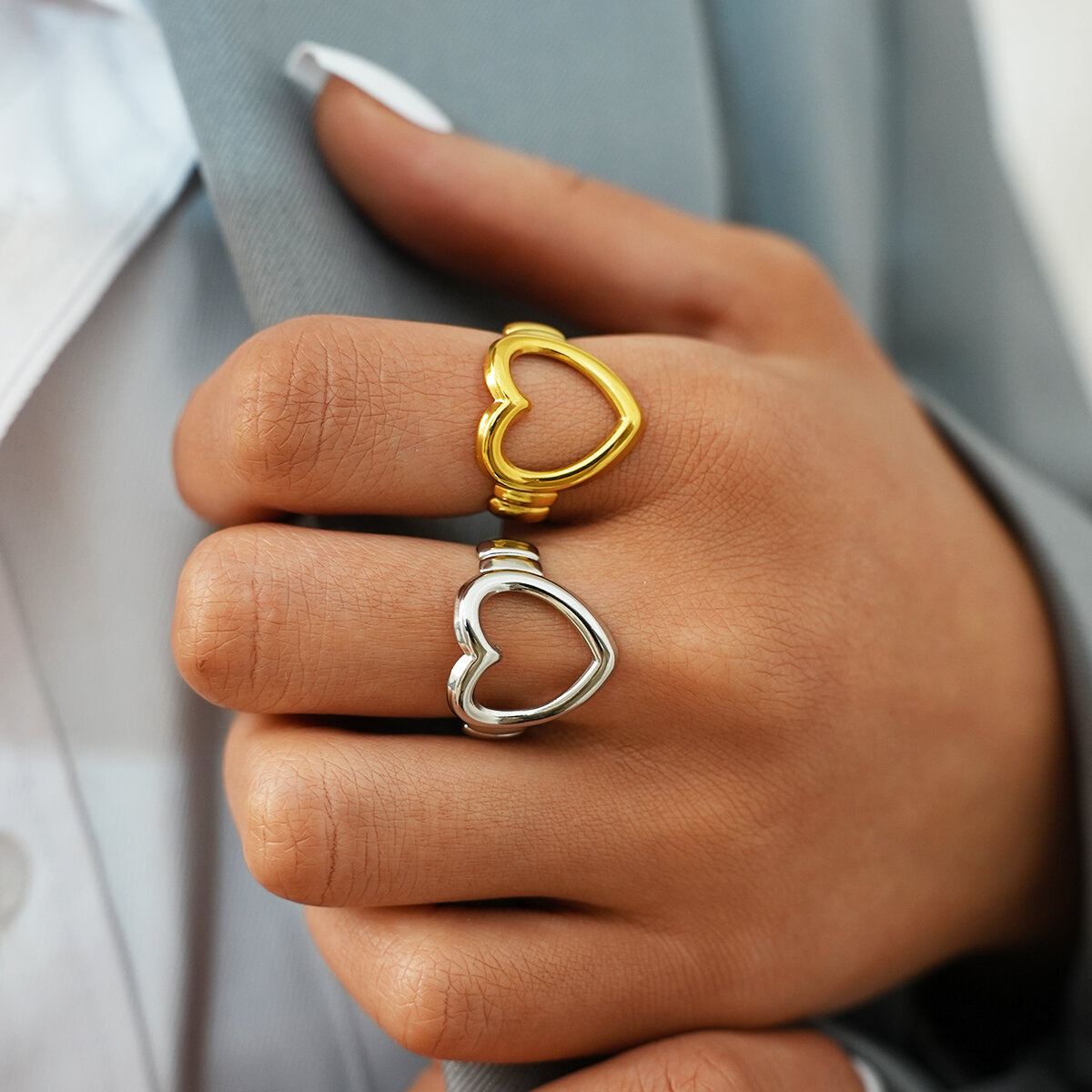 Heart Shaped Hollow Design Stainless Steel Waterproof Gold Color Statement Rings h5 Picture3
