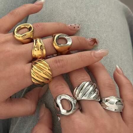 Modern Irregular Shape Stainless Steel Waterproof Gold Color Statement Rings