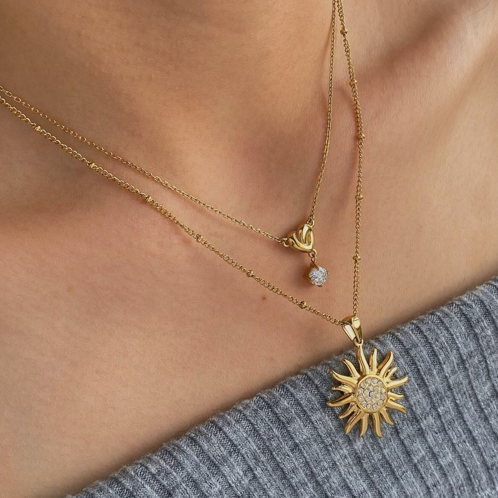 Simple Heart Sun Stainless Steel Waterproof Gold Color Zircon Women's Pendant Necklaces 2