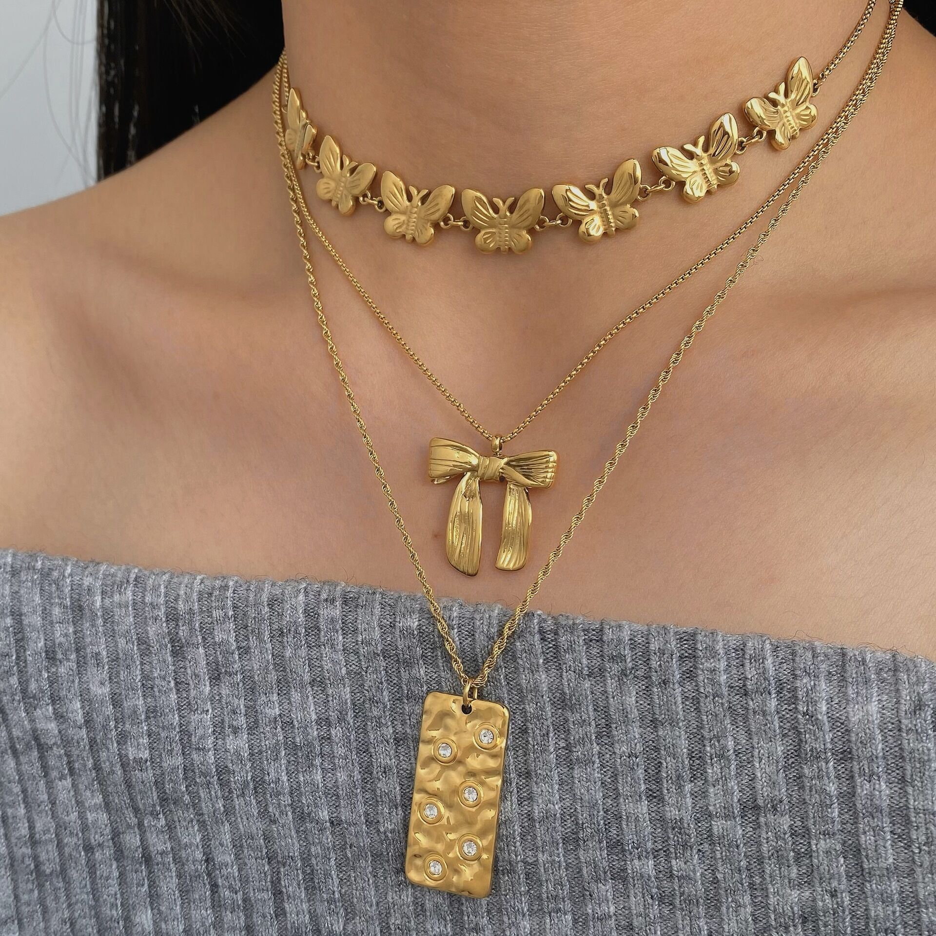 Bow Knot Butterfly Stainless Steel Waterproof Gold Color Women's Pendant Necklaces