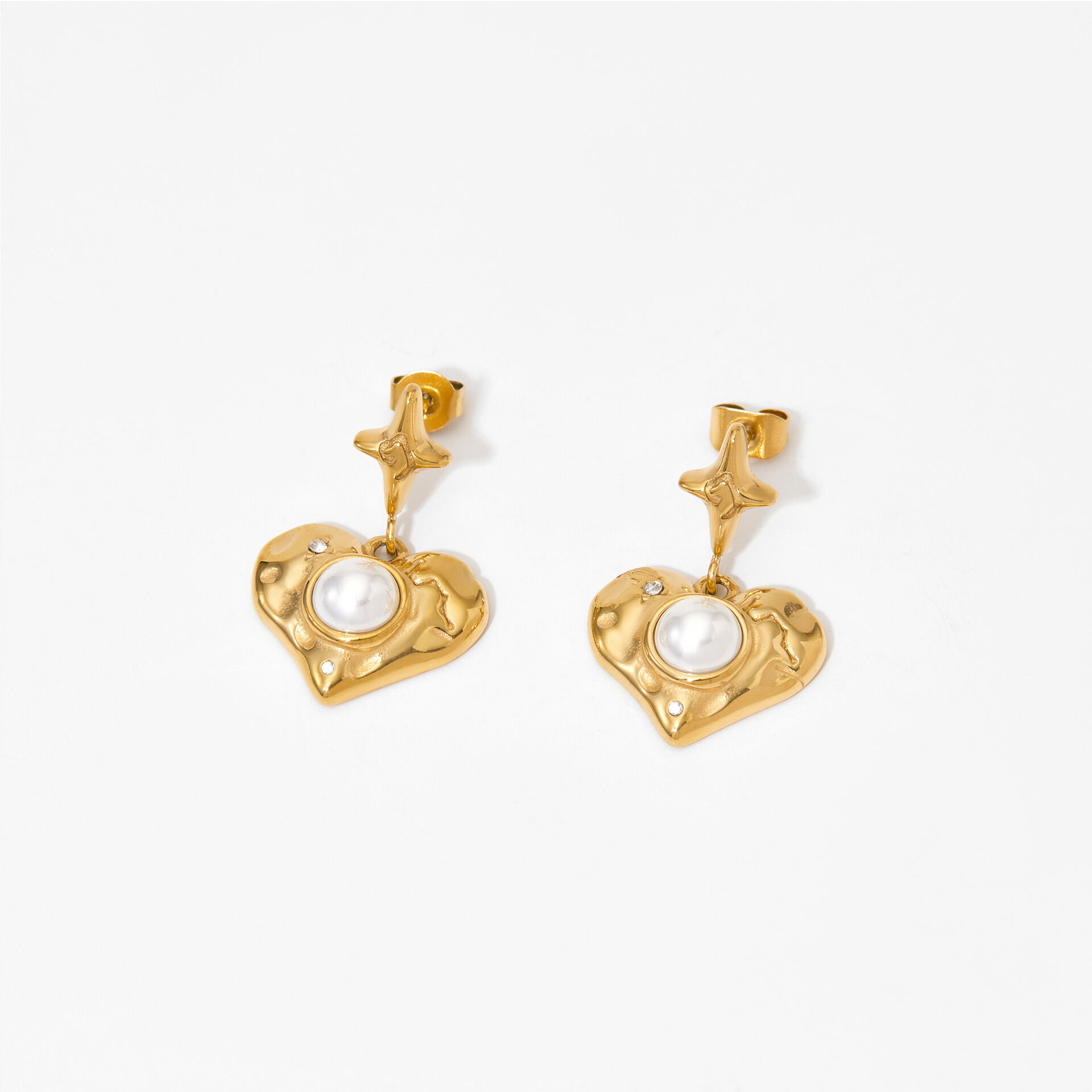 Retro Heart Hammer Pattern Stainless Steel Waterproof Gold Color Pearl Women's Drop Earrings h5 Picture4