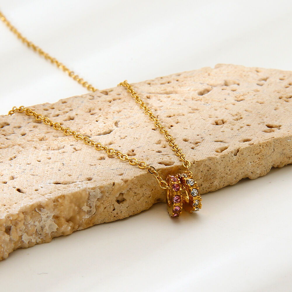 Elegante, runde Damen-Halskette mit Anhänger aus wasserdichtem Edelstahl in Goldfarbe und Zirkonia 2