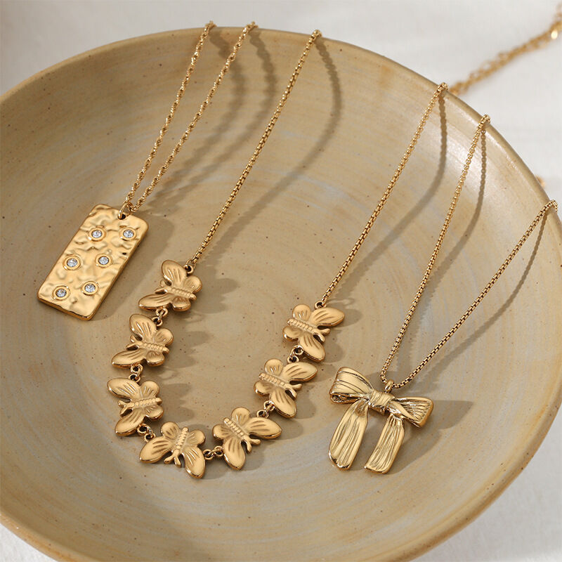 Bow Knot Butterfly Stainless Steel Waterproof Gold Color Women's Pendant Necklaces 2