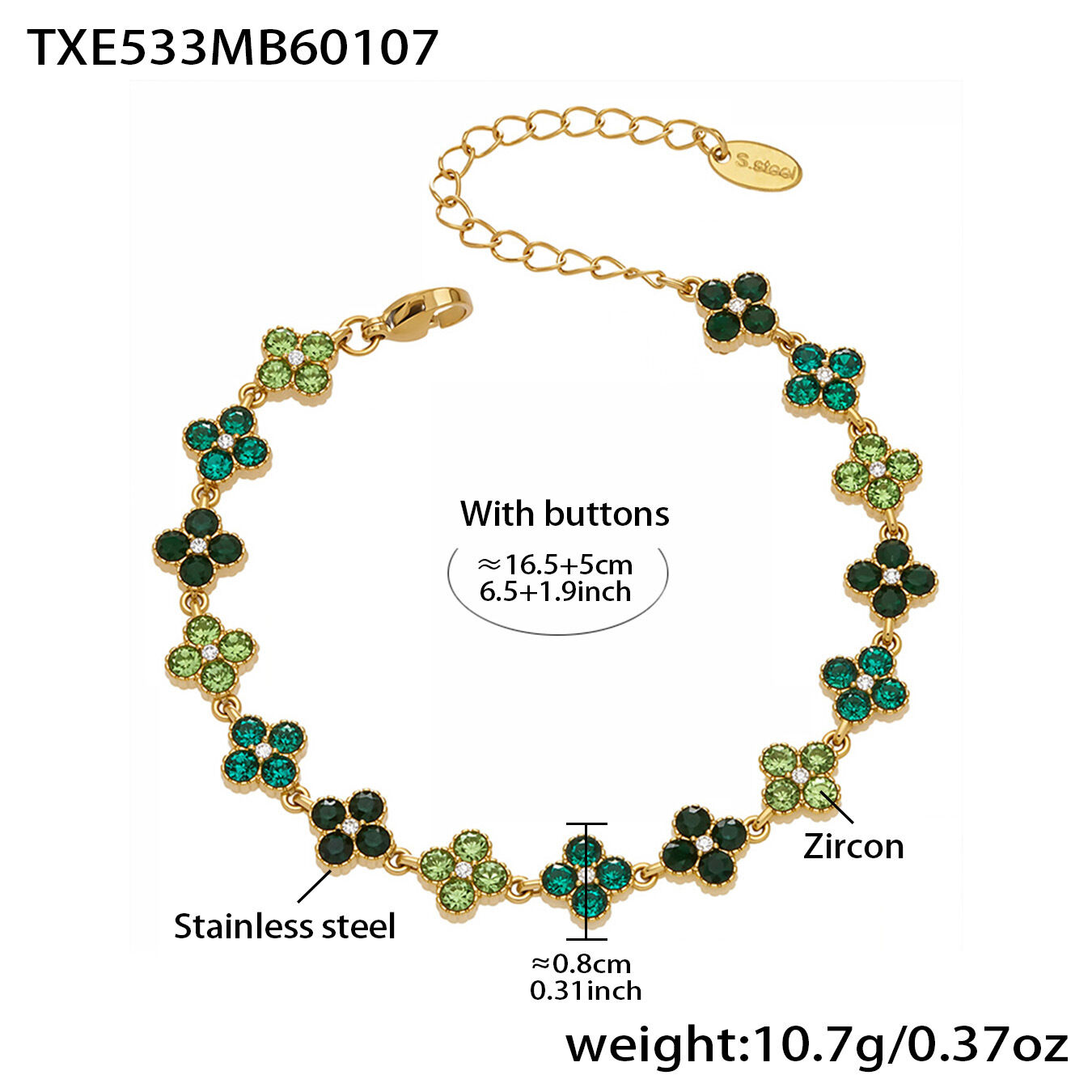 TXE533 - Green Zircon Bracelet 16.5+5cm Picture7
