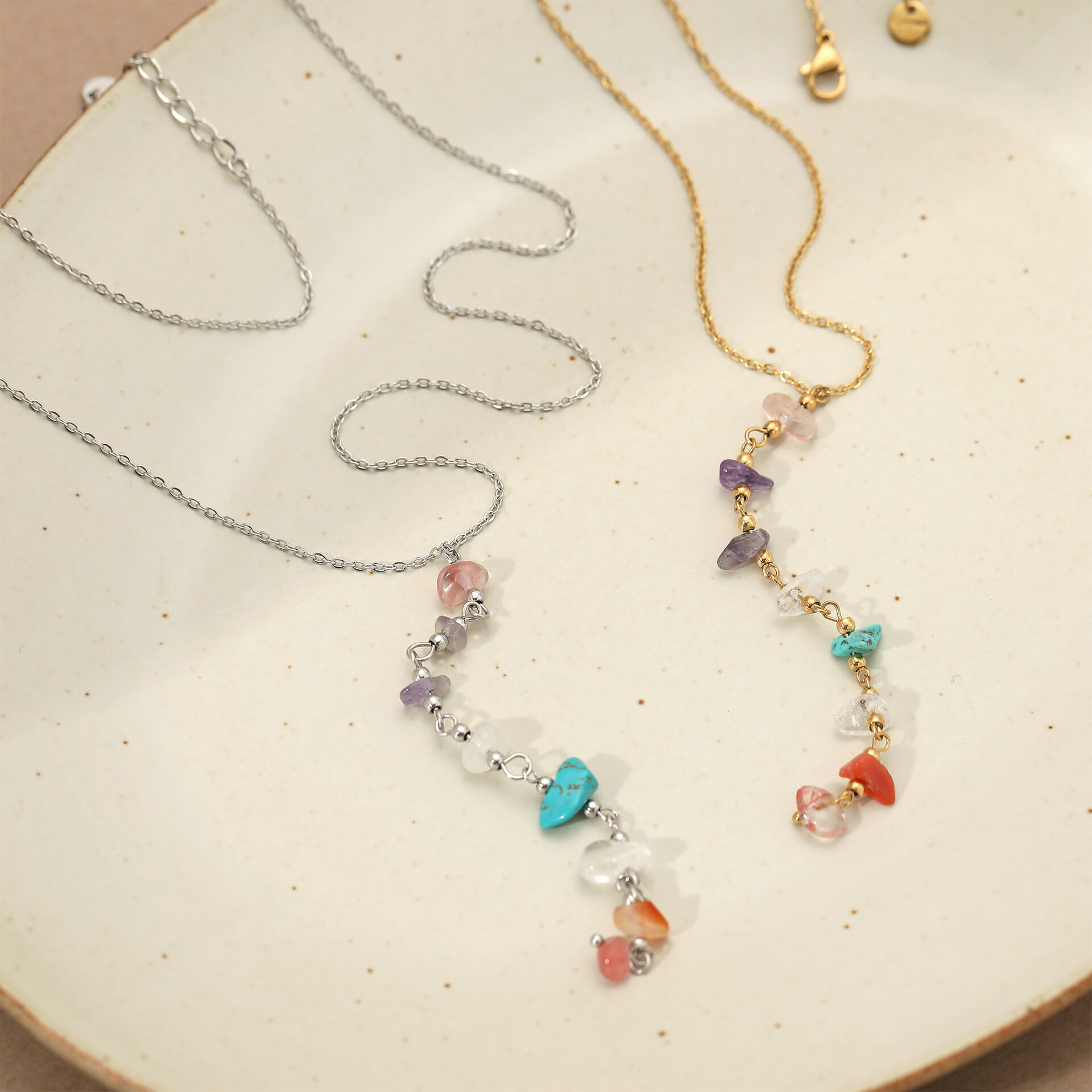Elegant Beads Stainless Steel Waterproof Gold Color Natural Stone Women's Pendant Necklaces 2
