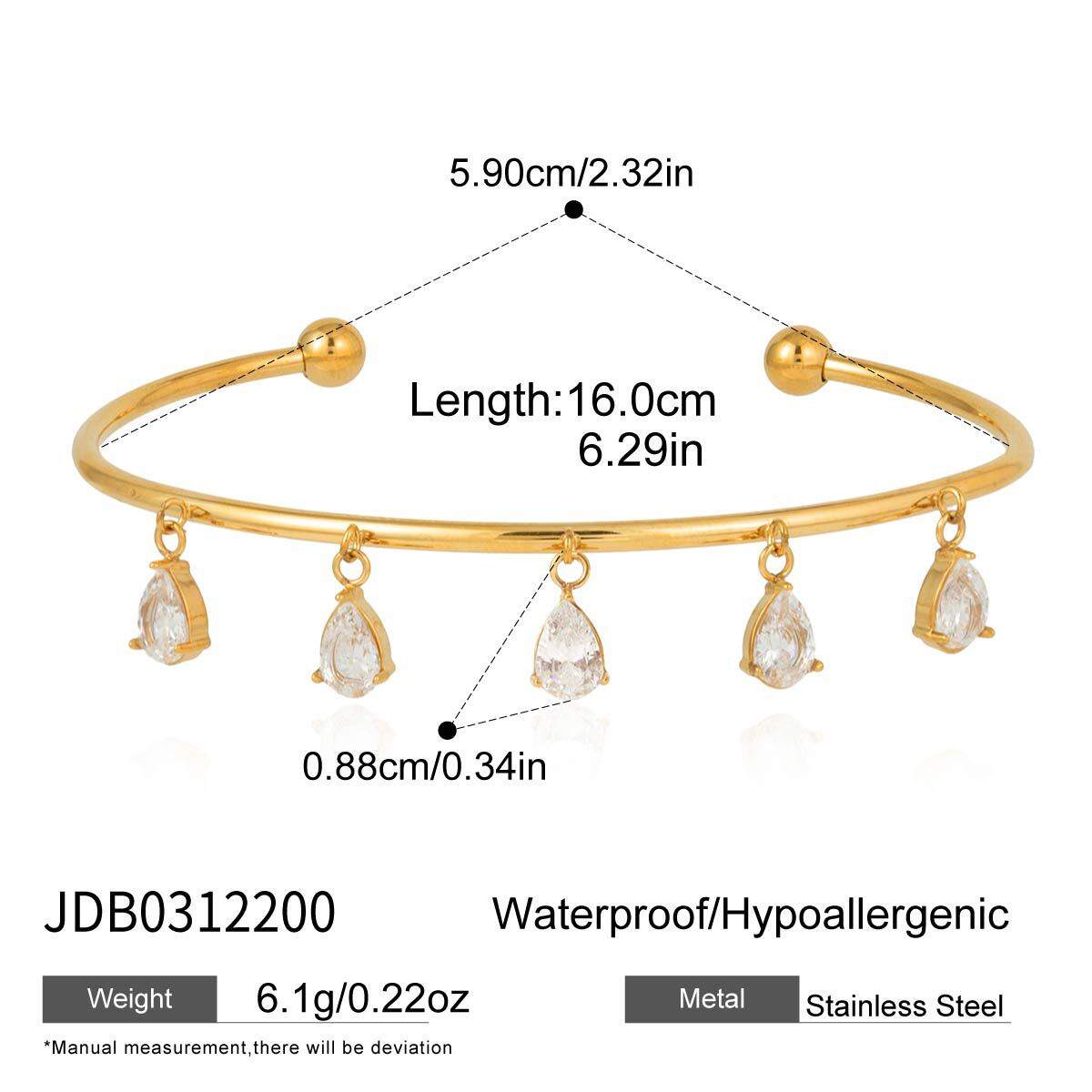 Bracelet manchette femme en acier inoxydable doré avec zircon, orné d'une goutte d'eau, étanche et anti-ternissement. h5 Image2