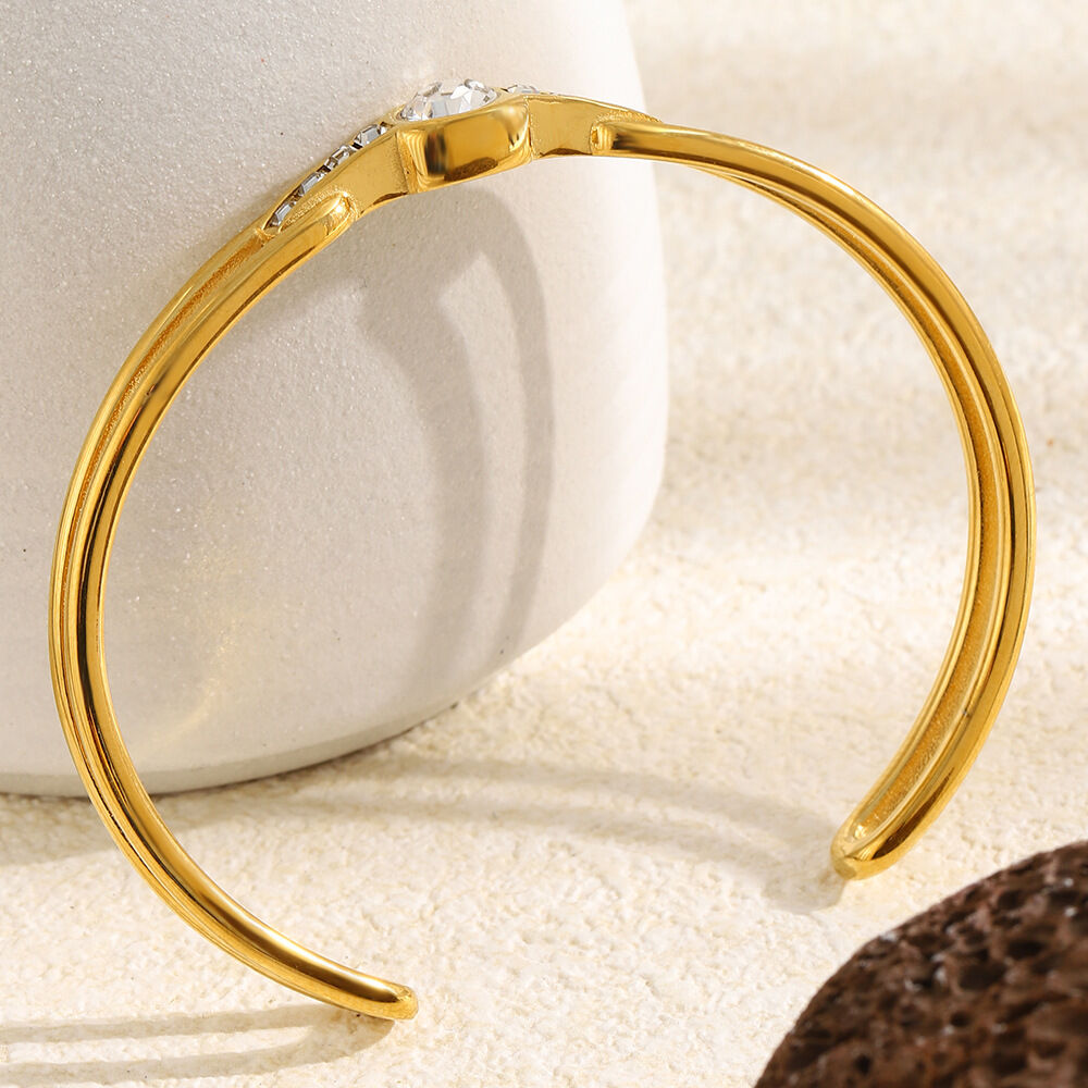Simple Daily Stainless Steel Gold Color Waterproof Zircon Women's Cuff Bracelets Picture5