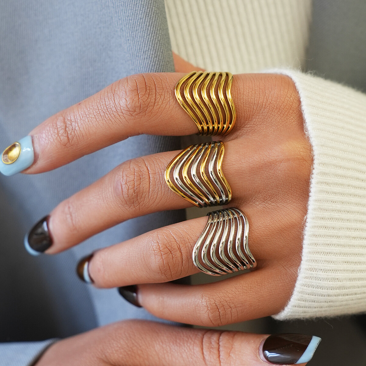 Retro Daily Line Stainless Steel Waterproof Gold Color Women's Statement Rings 2