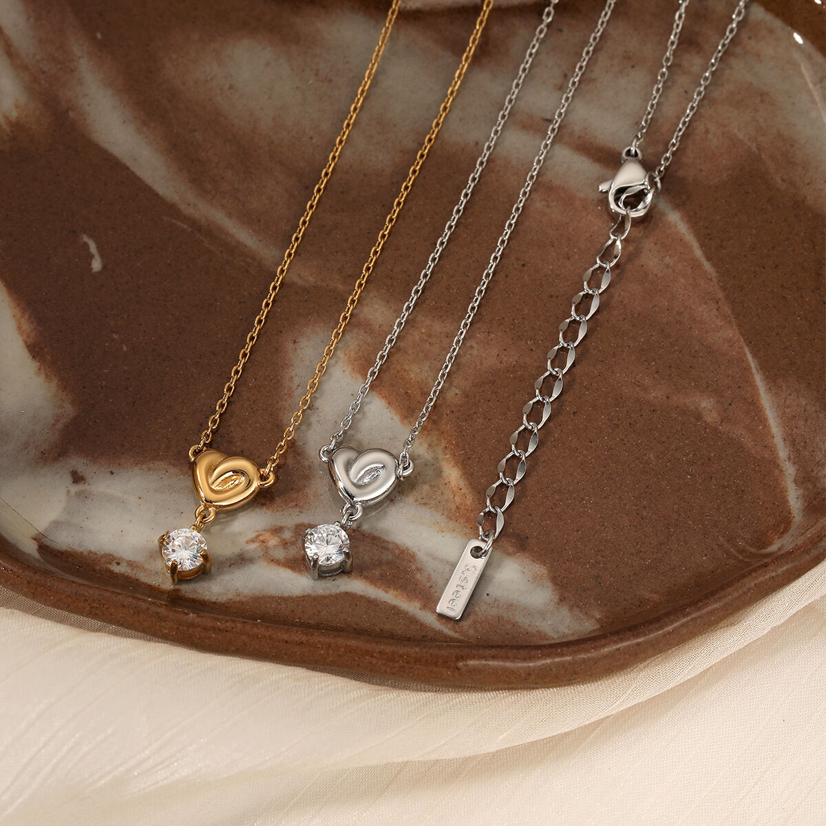 Heart Shape Stainless Steel Waterproof Gold Color Zircon Women's Pendant Necklaces 2