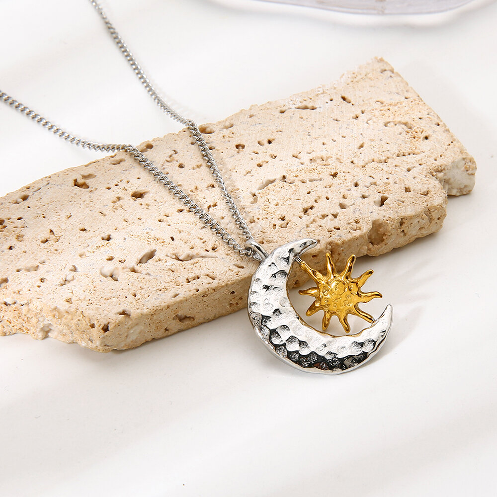 18K Gold Hammered - texture Color - block Star - moon Rotatable Pendant Necklace Picture6