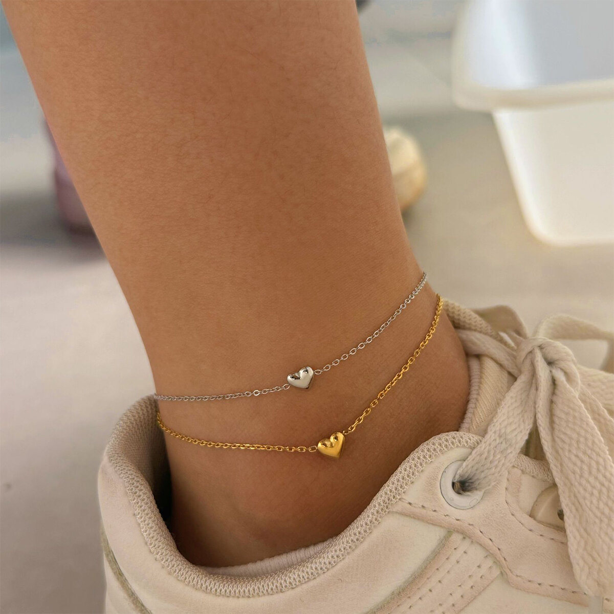 Lightweight Heart Stainless Steel Waterproof Gold Color Anklets