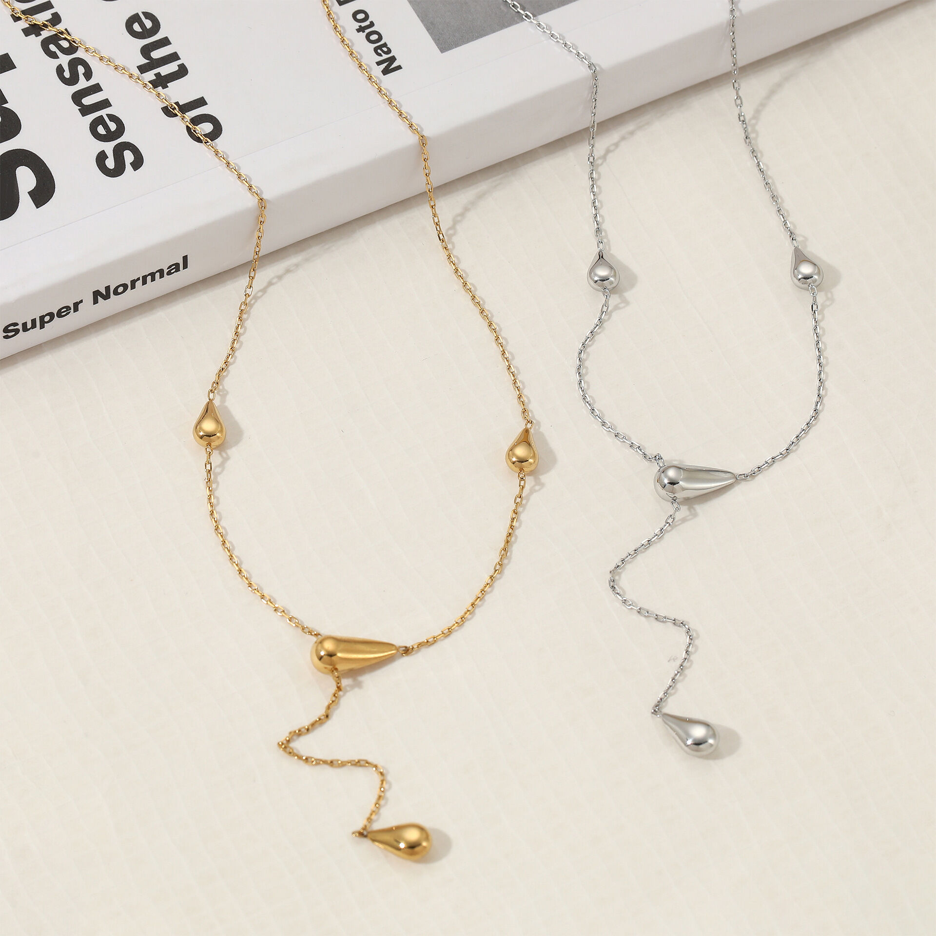 Simple Droplet Lines Stainless Steel Waterproof Gold Color Women's Pendant Necklaces 2