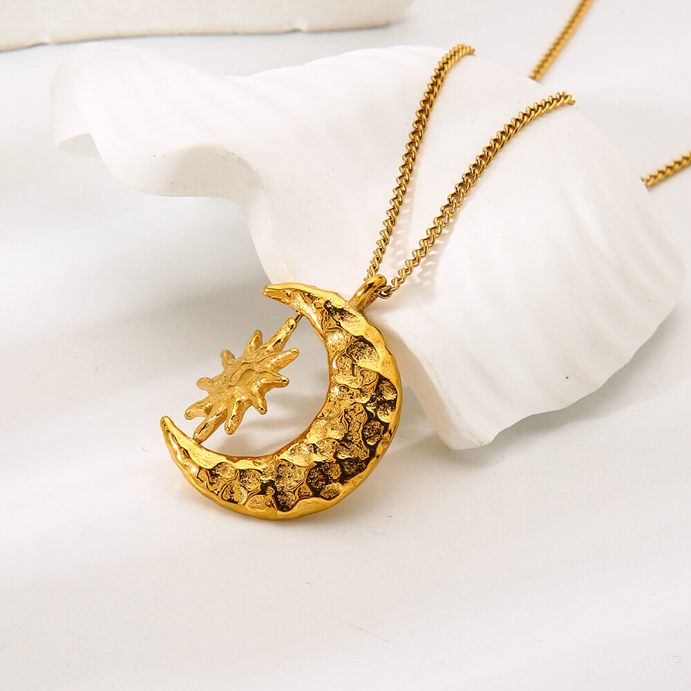18K Gold Hammered - texture Color - block Star - moon Rotatable Pendant Necklace Picture5