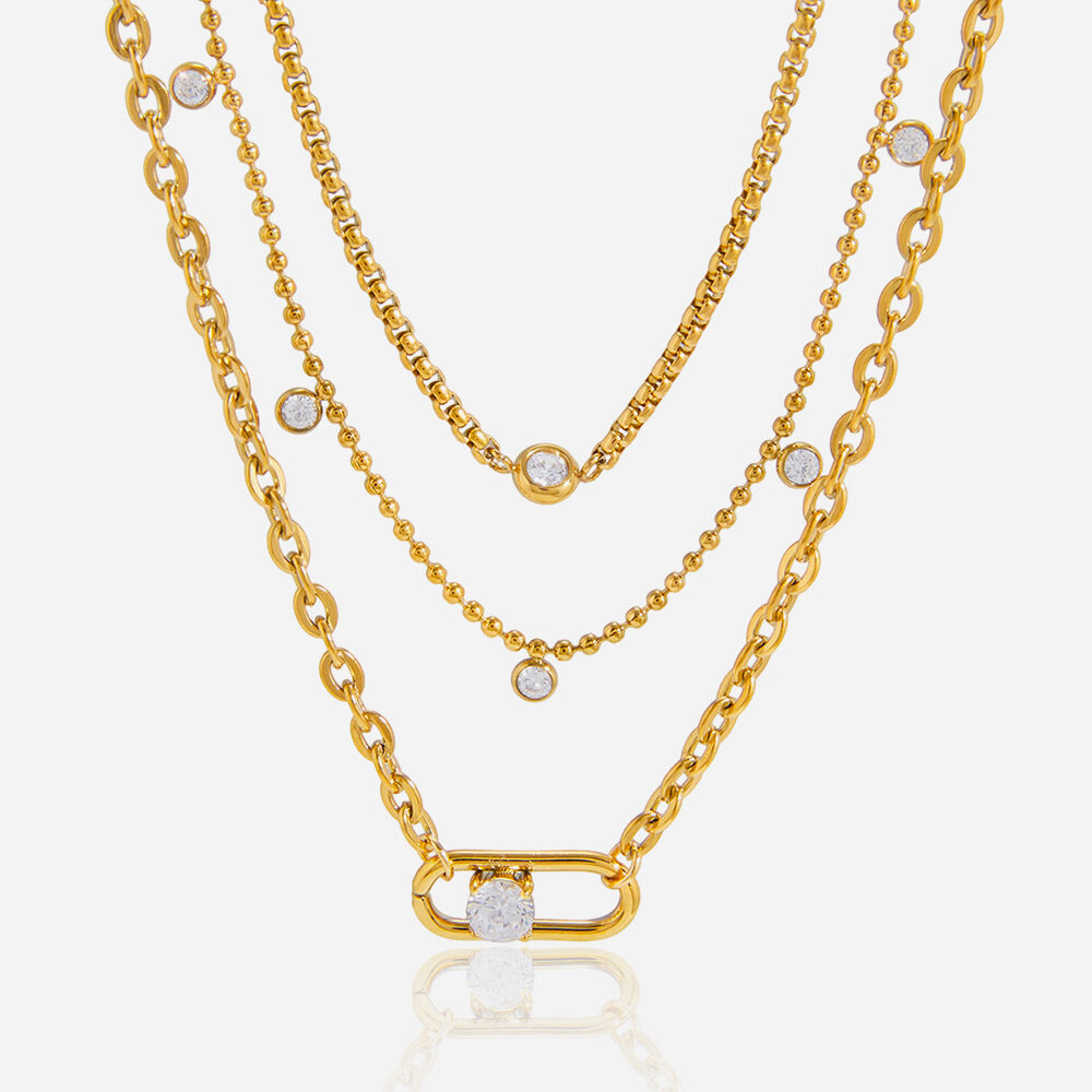 Delicate Chain Stainless Steel Gold Color Zircon Waterproof&Anti-tarnish Women's Layered Necklaces 