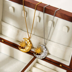 18K Gold Hammered - texture Color - block Star - moon Rotatable Pendant Necklace h5 Picture4