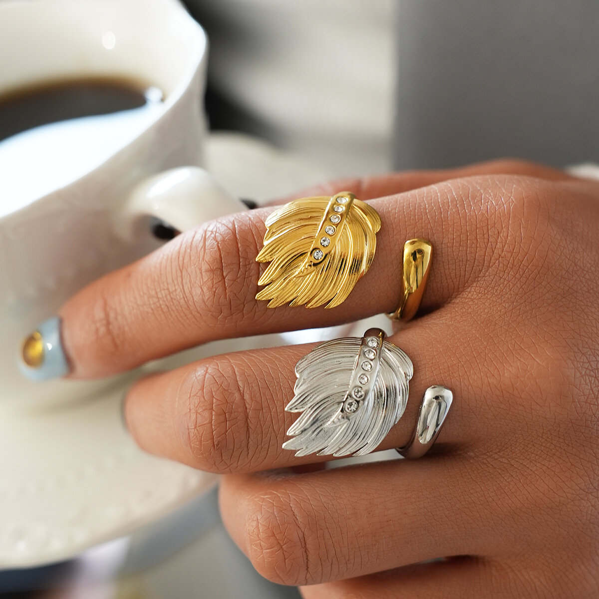 Irregular Shape Feather Design Stainless Steel Waterproof  Gold Color Women's  Statement Rings Picture4