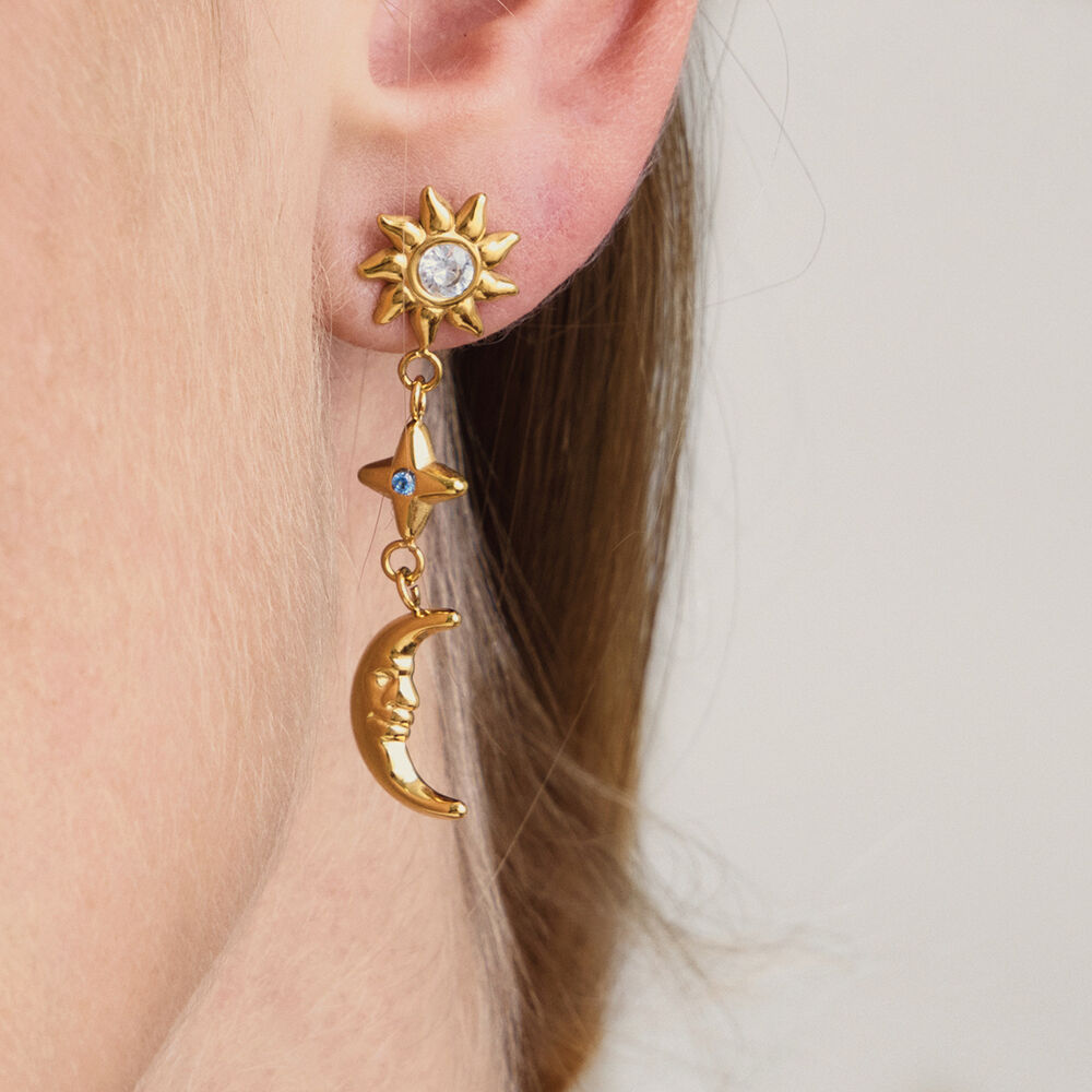 Retro Sun Star Moon Stainless Steel Gold Color Zircon Waterproof&Anti-tarnish Women's Earring Sets h5Picture4