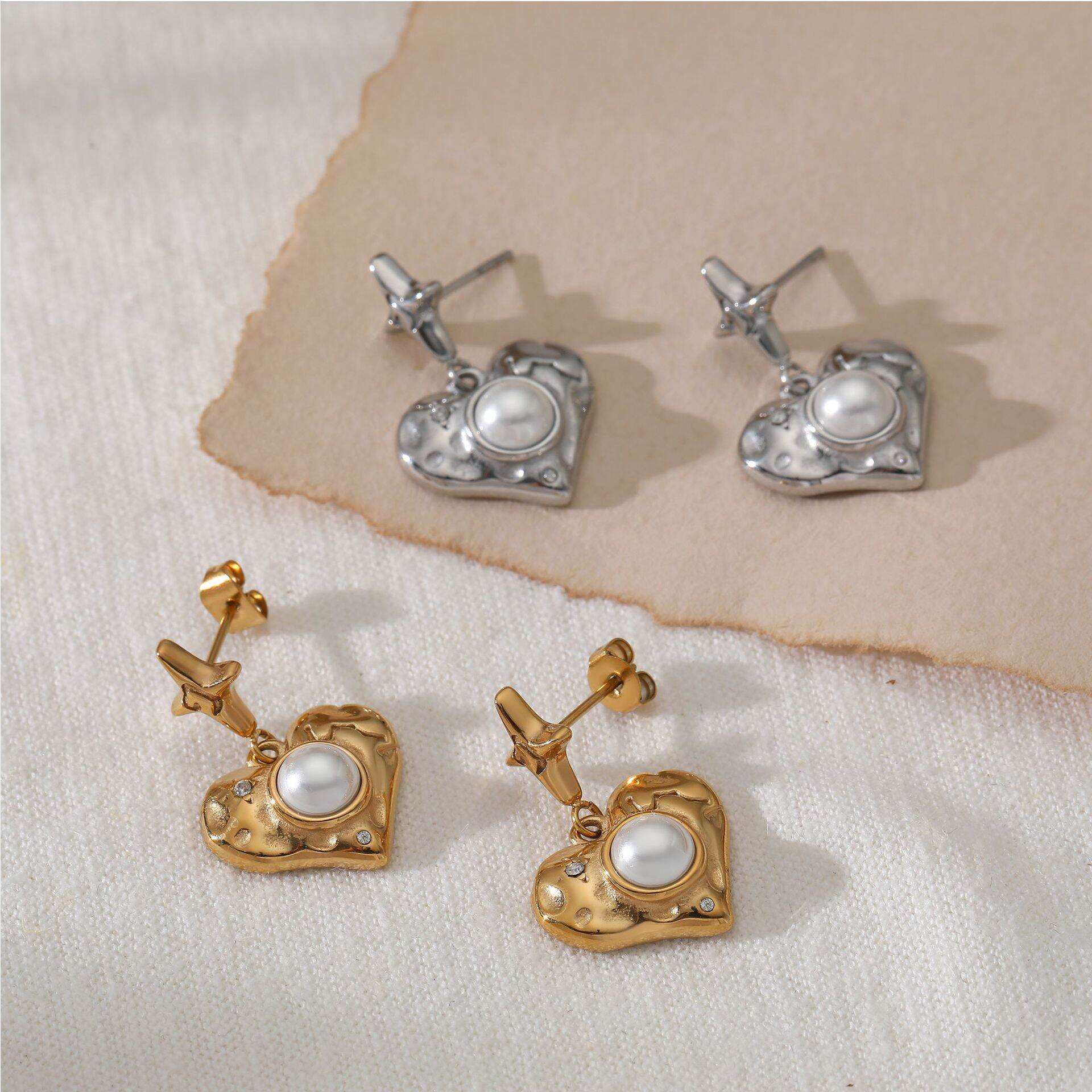 Retro Heart Hammer Pattern Stainless Steel Waterproof Gold Color Pearl Women's Drop Earrings h5 Picture3