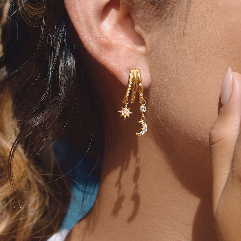 Brilliant Sun Moon Stainless Steel Gold Color Zircon Waterproof&Anti-tarnish Women's Dangle Earrings h5 Picture4