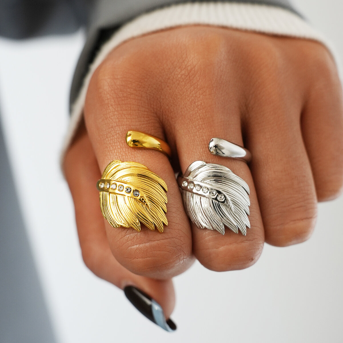 Irregular Shape Feather Design Stainless Steel Waterproof  Gold Color Women's  Statement Rings h5 Picture5