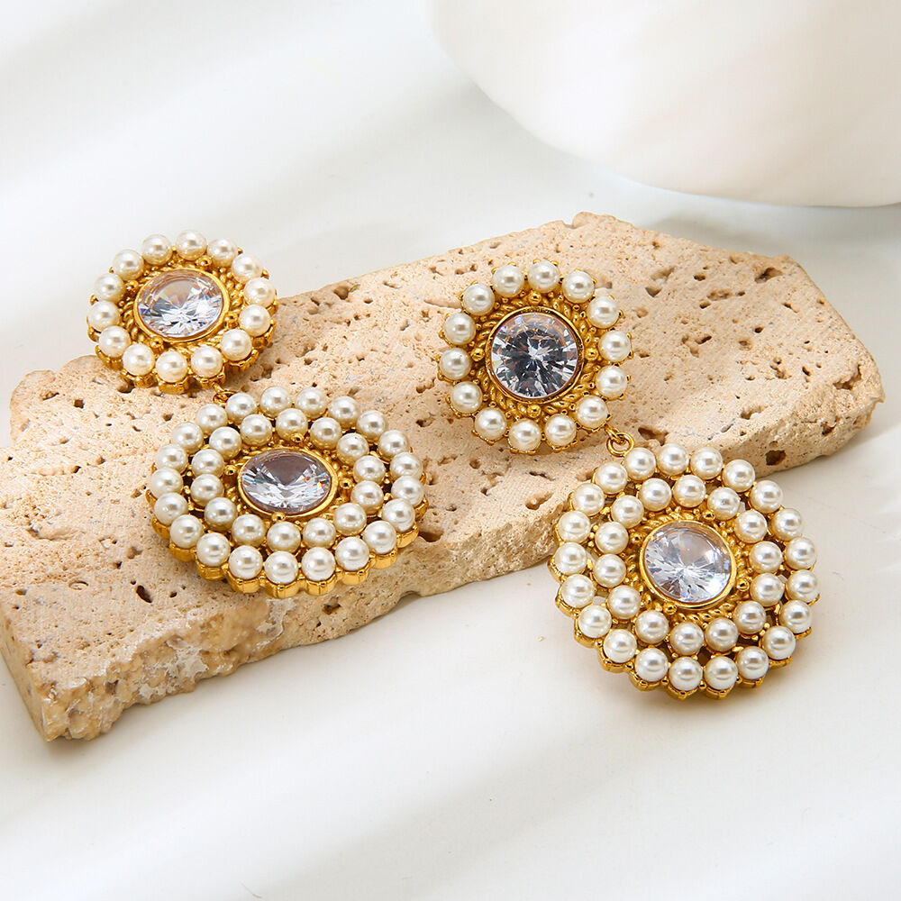 Luxurious  Retro Circle Stainless Steel Waterproof   Gold Color   Women's Beads Earrings 2