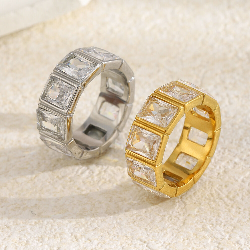 Anelli rettangolari giornalieri in acciaio inossidabile color oro con pietre preziose impermeabili h5 Immagine3