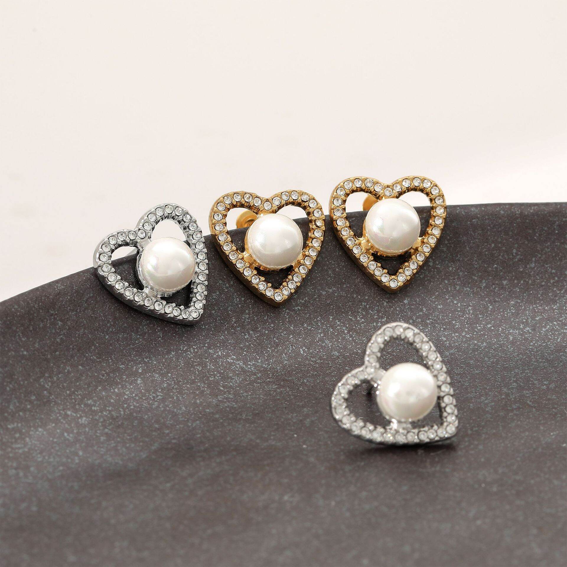 Simple Heart Stainless Steel Waterproof Gold Color Zircon Pearl Women's Stud Earrings h5 Picture2