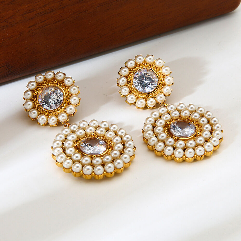 Luxurious  Retro Circle Stainless Steel Waterproof   Gold Color   Women's Beads Earrings h5 Picture3