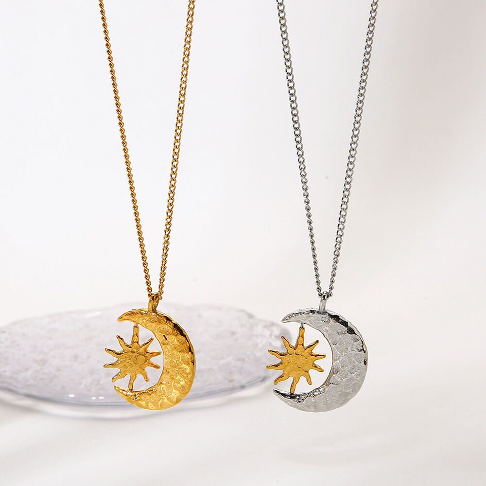 18K Gold Hammered - texture Color - block Star - moon Rotatable Pendant Necklace Picture3