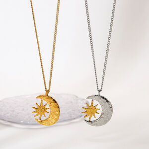 18K Gold Hammered - texture Color - block Star - moon Rotatable Pendant Necklace h5 Picture3
