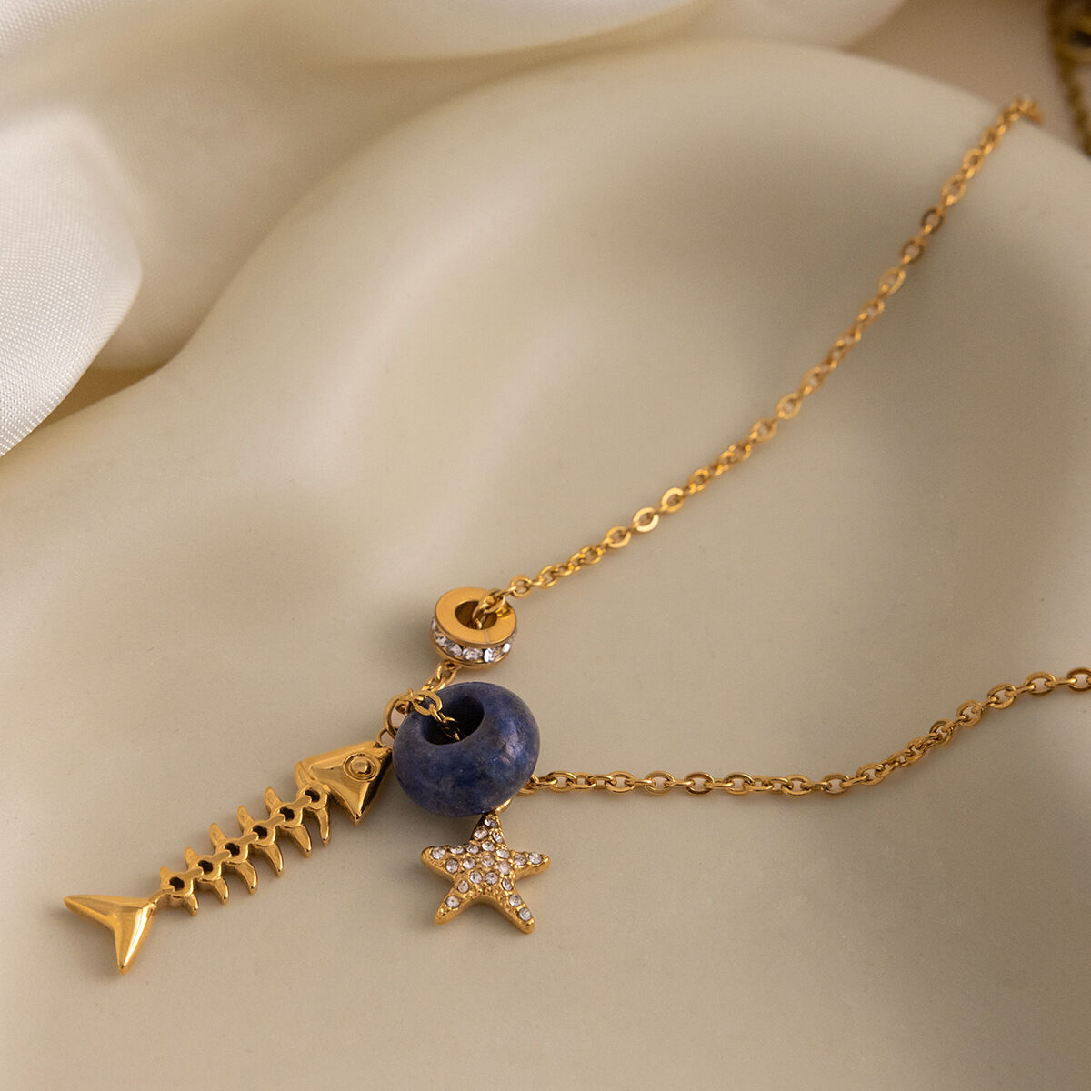Vacation Fishbone Stainless Steel Gold Color Natural Stone Waterproof&Anti-tarnish Women's Pendant Necklaces