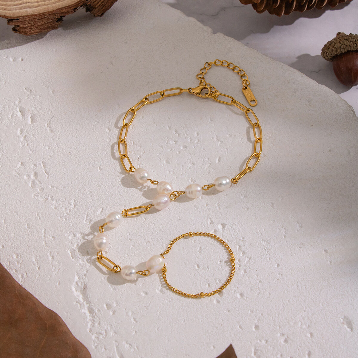 Elegante Edelstahlkette, wasserdicht, goldfarben, mit Perle, Damenhandkette