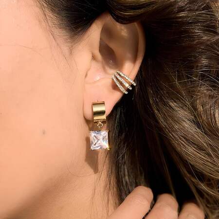 Pretty Rectangle Stainless Steel Gold Color Zircon Waterproof&Anti-tarnish Women's Drop Earrings 2