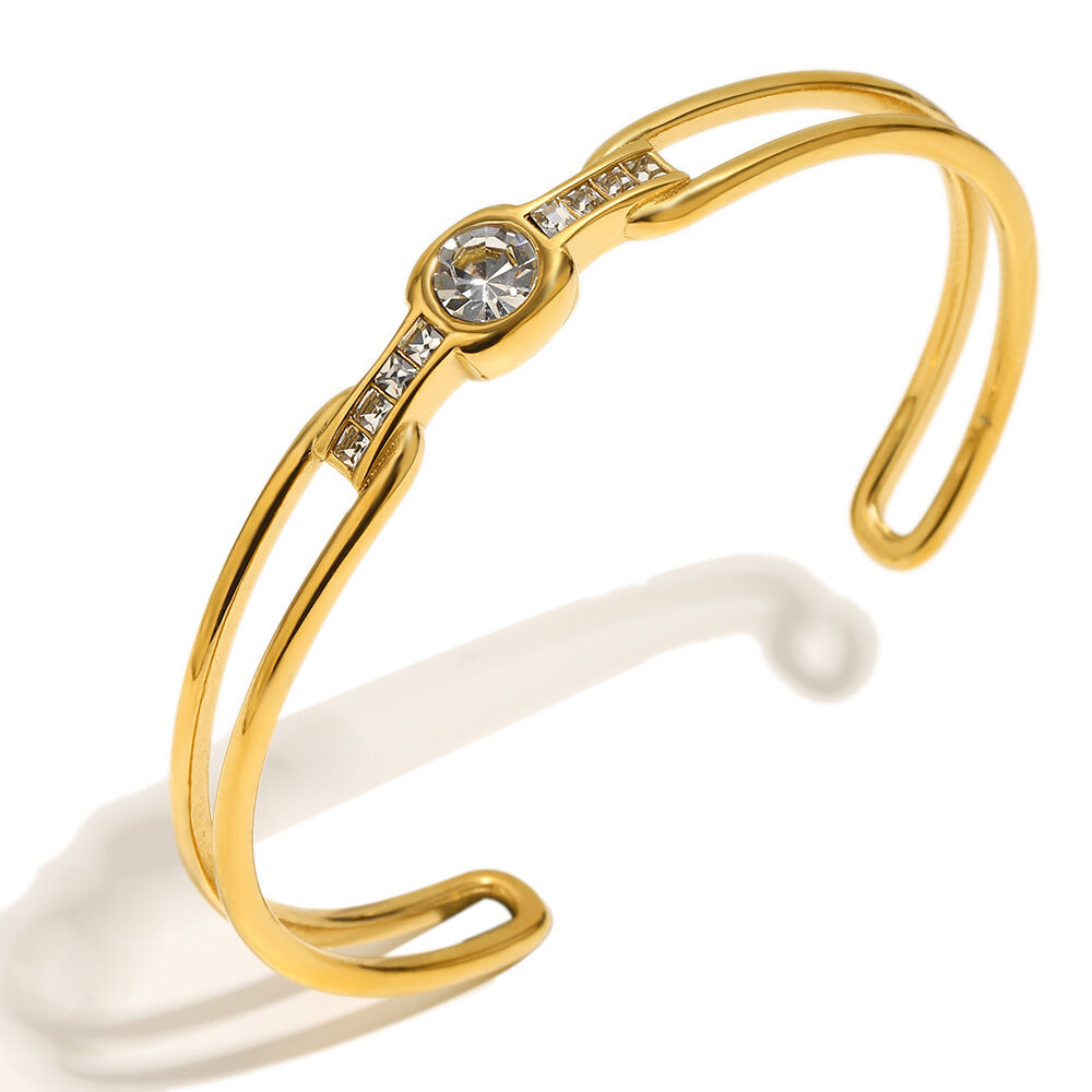 Simple Daily Stainless Steel Gold Color Waterproof Zircon Women's Cuff Bracelets 