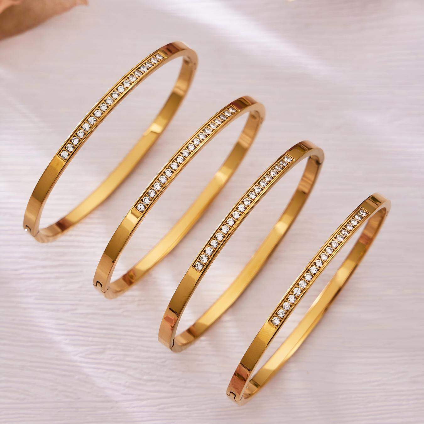 Solid Circle Stainless Steel Gold Color Zircon Waterproof&Anti-tarnish Women's Bangles