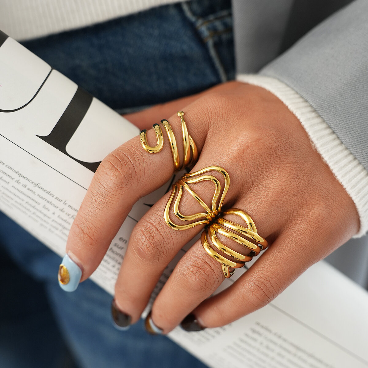 Daily Irregular Shape Line Stainless Steel Waterproof Gold Color Women’s Statement Rings 2