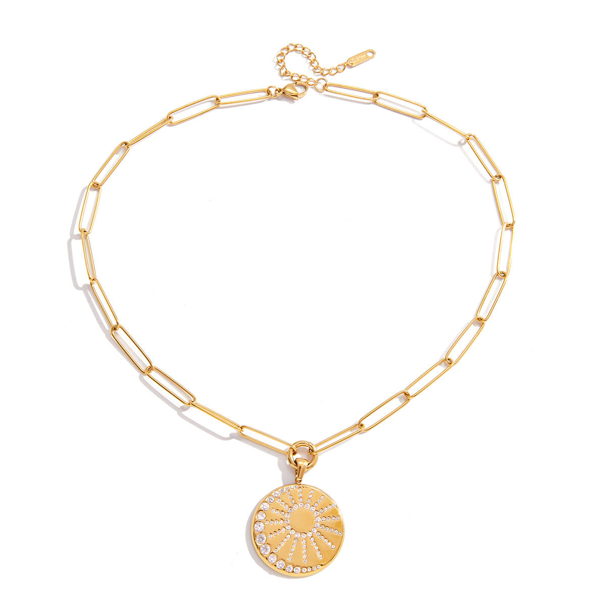 Collane con ciondolo da donna in acciaio inossidabile color oro, con cerchio solare discreto e impermeabile 