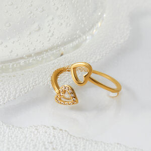 Double Heart Stainless Steel Waterproof Gold Color Rhinestone Statement Rings h5 Picture4