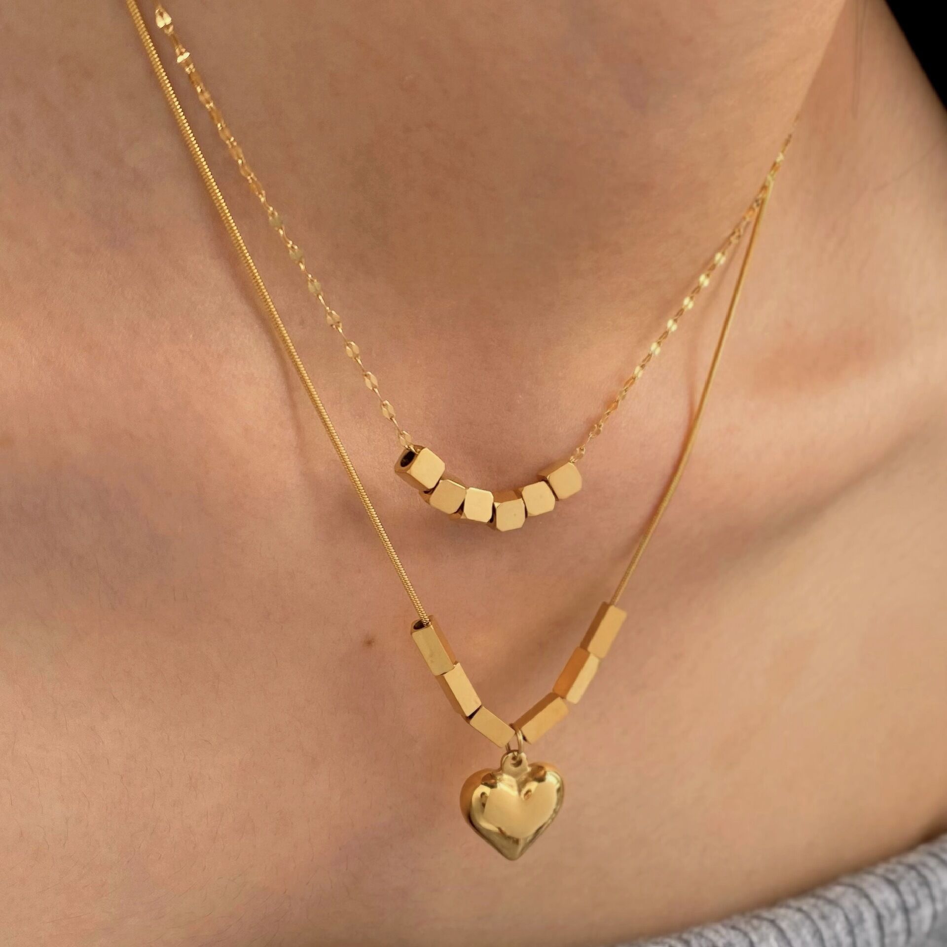 Simple Heart Beads Stainless Steel Waterproof Gold Color Women's Pendant Necklaces