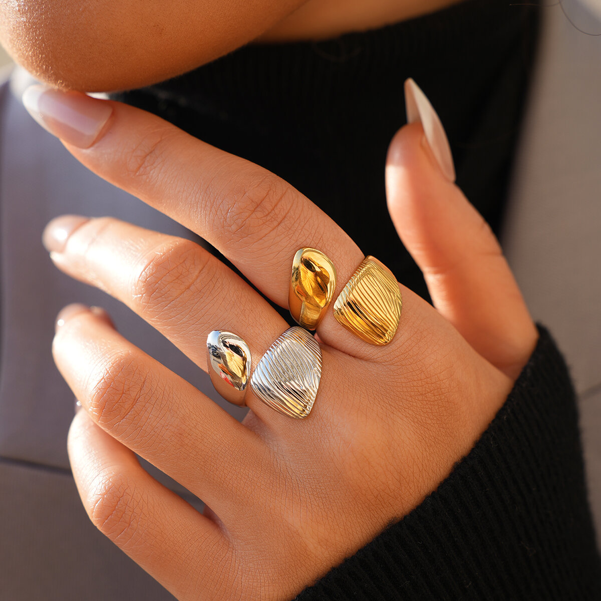 Retro Pleated Texture Waterproof Gold Color Stainless Steel Women's Ring Picture5
