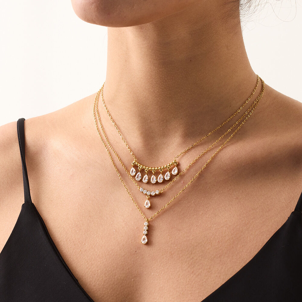 Luxuriöse Serie: Elegante, tropfenförmige Damen-Halskette aus wasserdichtem Edelstahl in Goldfarbe mit Zirkonia-Anhänger 2