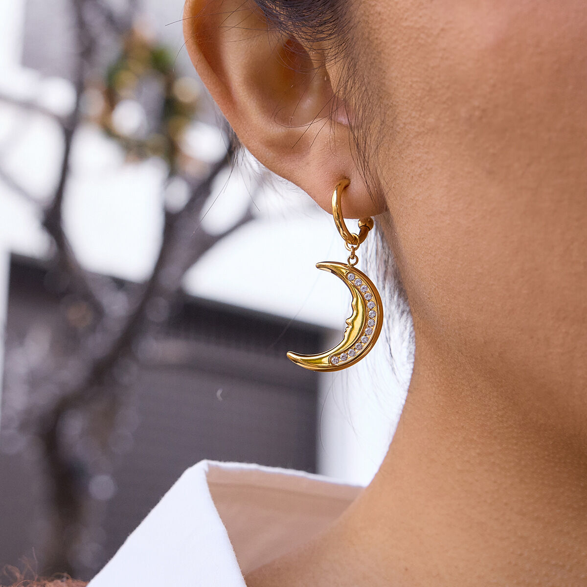 Classic Moon Stainless Steel Gold Color Waterproof&Anti-tarnish Women's Drop Earrings h5Picture4