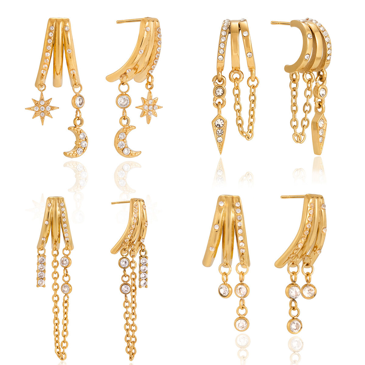 Brilliant Sun Moon Stainless Steel Gold Color Zircon Waterproof&Anti-tarnish Women's Dangle Earrings h5 Picture8