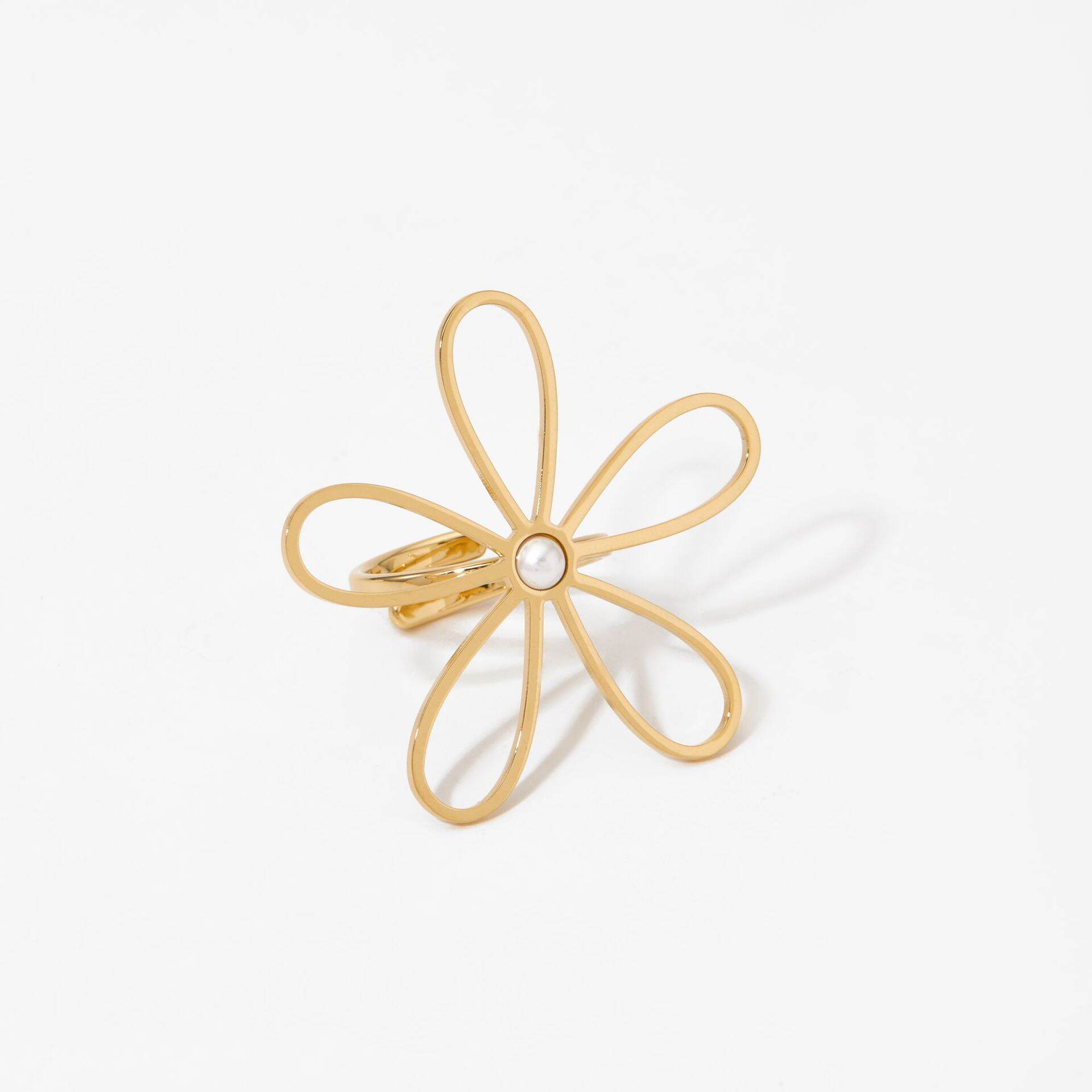 Statement-Ringe aus Edelstahl mit Blumenmuster, wasserdicht, goldfarben, mit Perle h5 Bild4