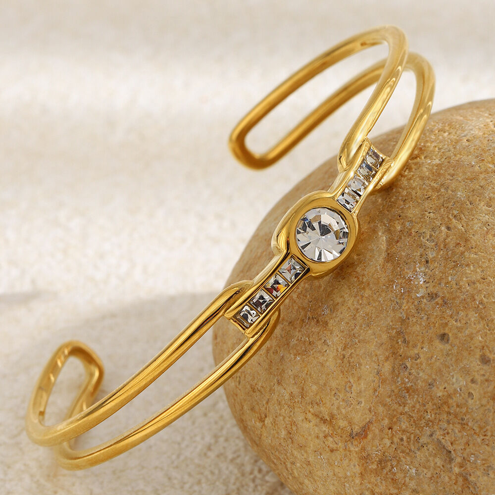 Simple Daily Stainless Steel Gold Color Waterproof Zircon Women's Cuff Bracelets h5 Picture4