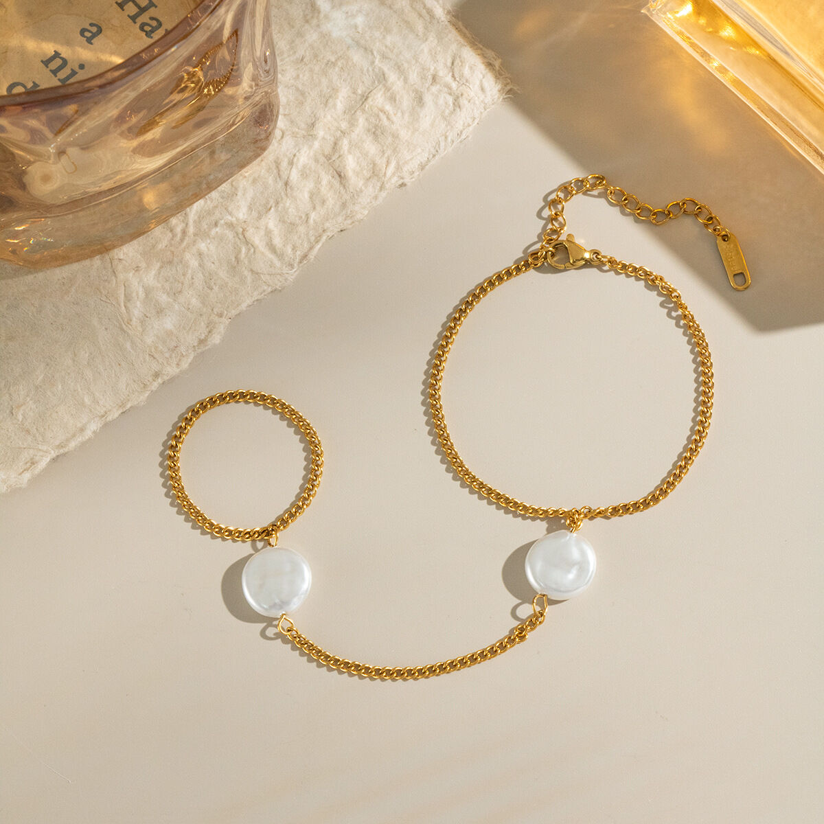 Elegante Edelstahlkette, wasserdicht, goldfarben, mit Perle, Damenhandkette