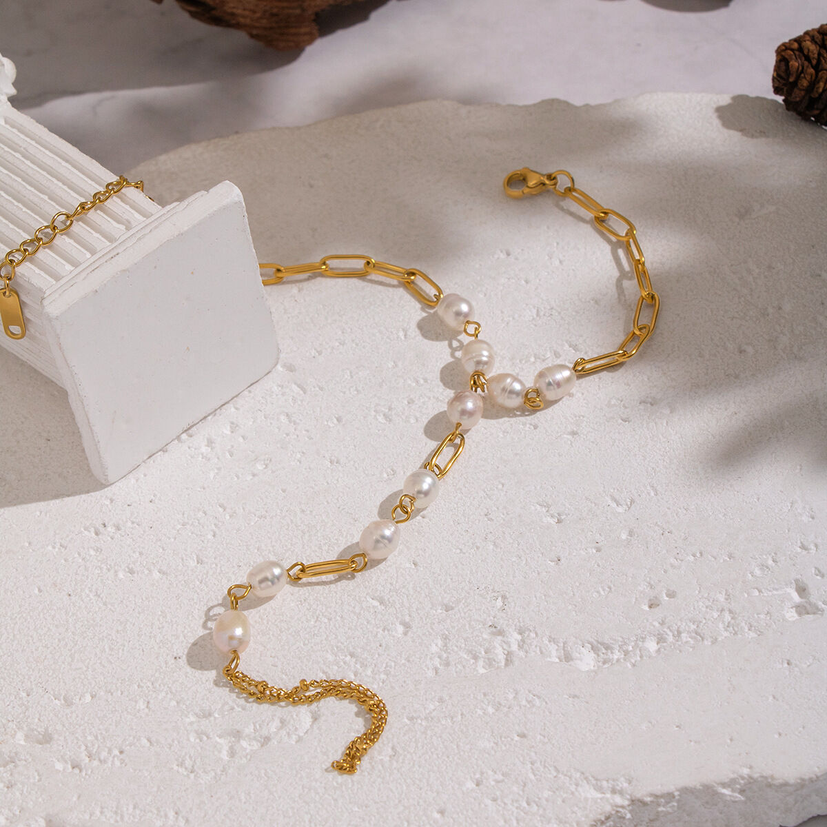 Elegante Edelstahlkette, wasserdicht, goldfarben, mit Perle, Damenhandkette 2