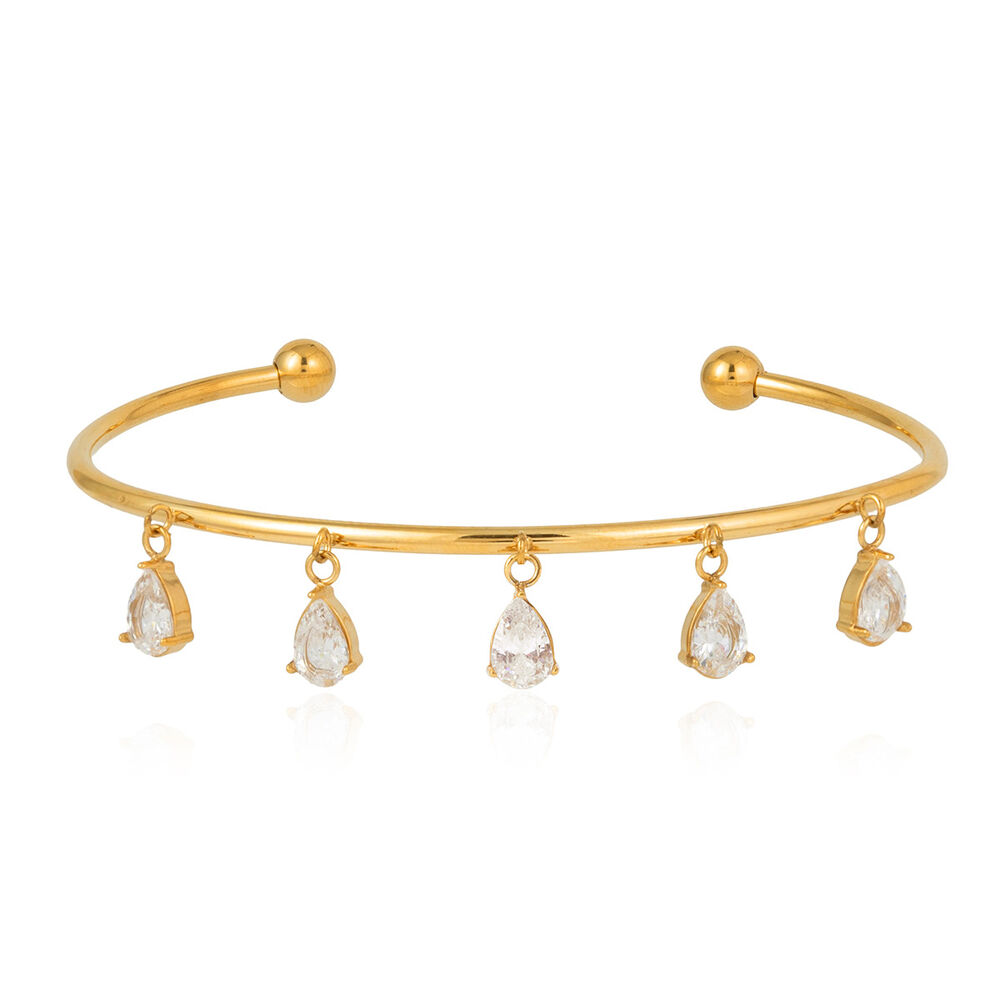 Bracelet manchette femme en acier inoxydable doré avec zircon, orné d'une goutte d'eau, étanche et anti-ternissement.