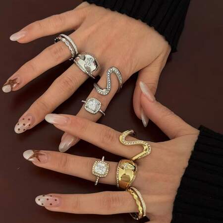 Fashionable Irregular Shape Lines Stainless Steel Waterproof Gold Color Women's Gemstone Rings