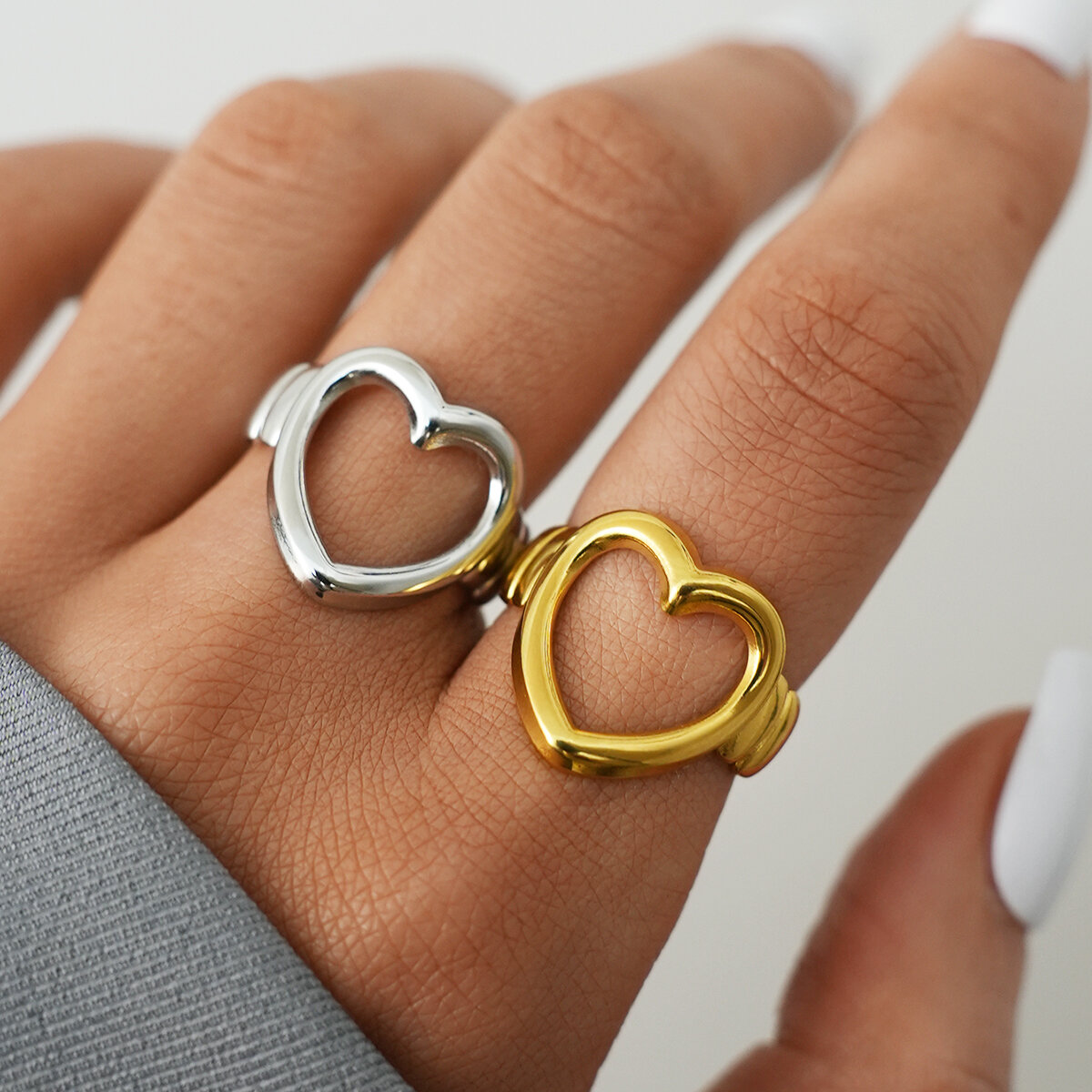 Heart Shaped Hollow Design Stainless Steel Waterproof  Gold Color  Statement Rings